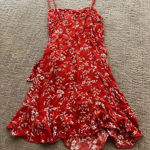 Red floral tie wrap dress
